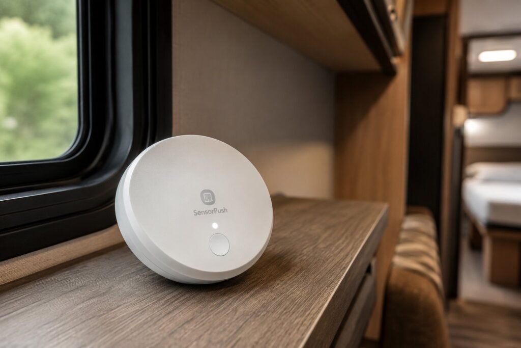 RV temperature monitor sensor sitting on a shelf inside a travel trailer
