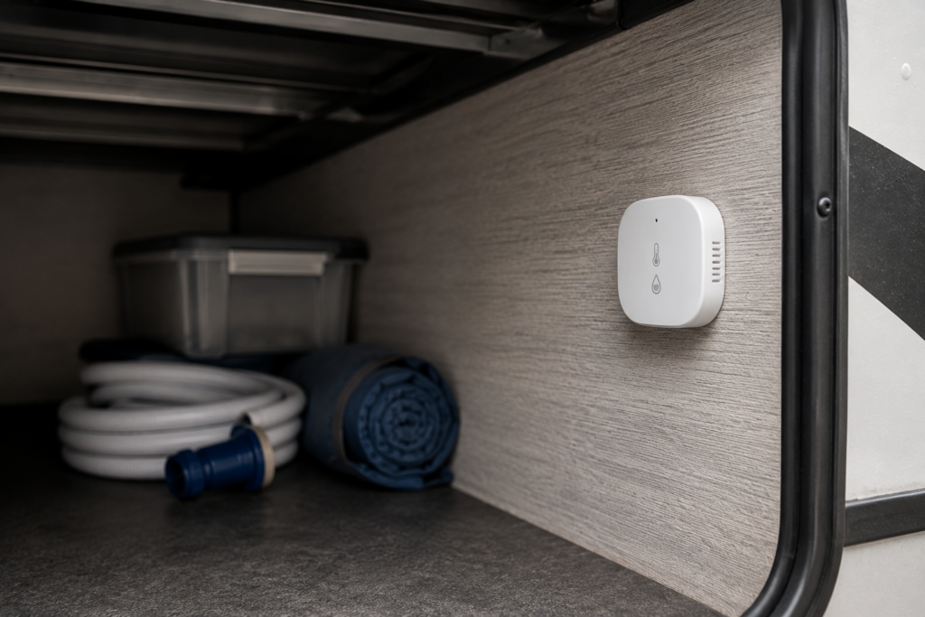 Smart temperature and humidity sensor mounted inside an RV storage compartment
