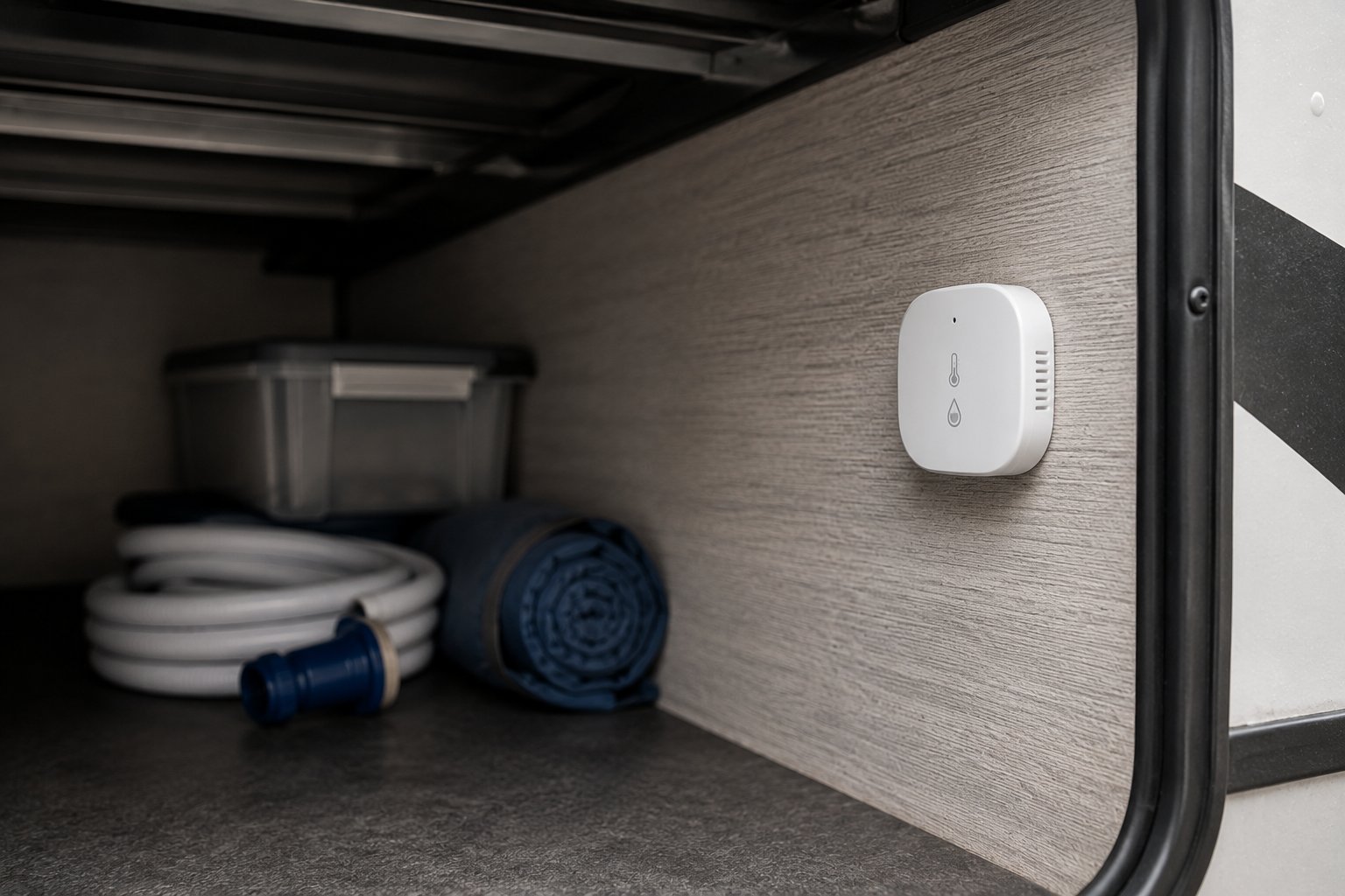 Smart temperature and humidity sensor mounted inside an RV storage compartment
