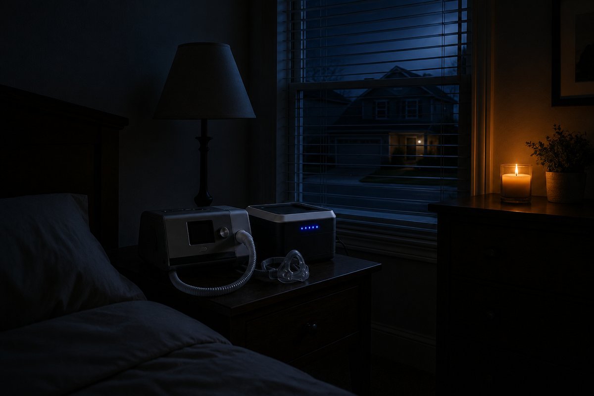 CPAP machine and a battery pack with a blue charge indicator on a bedside table in a dark bedroom during a nighttime power outage, a candle burning on the dresser