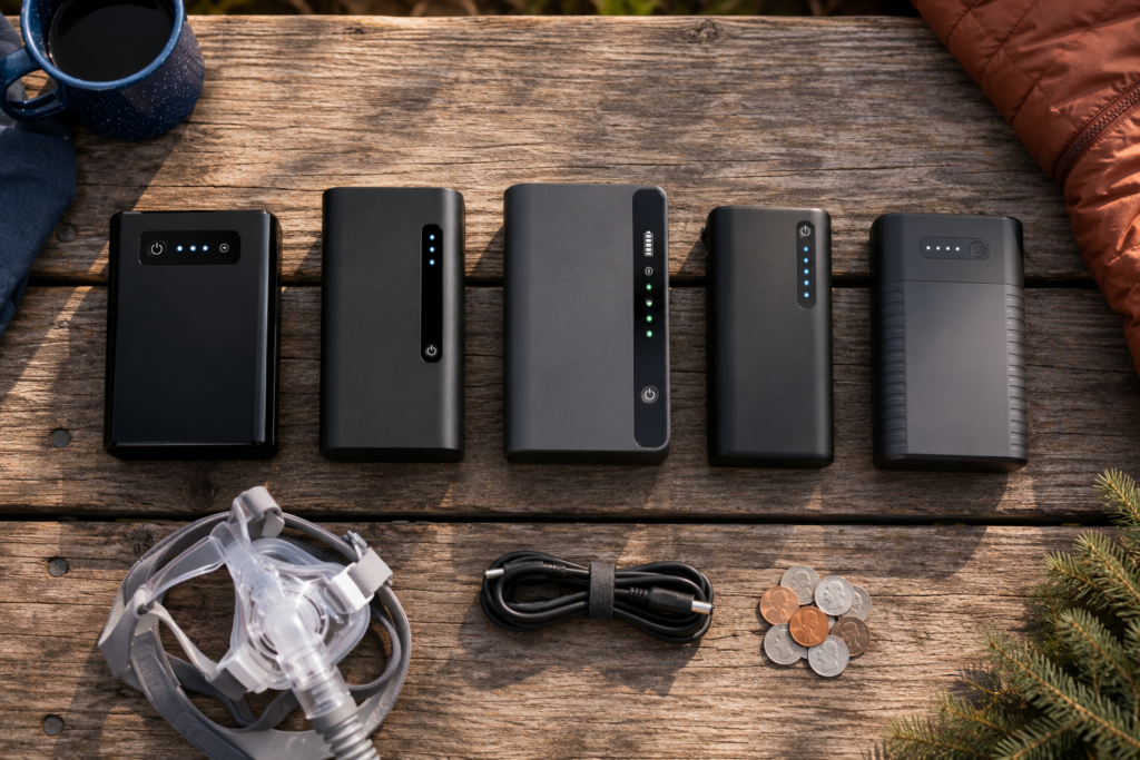 Five compact CPAP battery backup packs under $300 lined up on a picnic table with a CPAP mask, charging cable, and coins