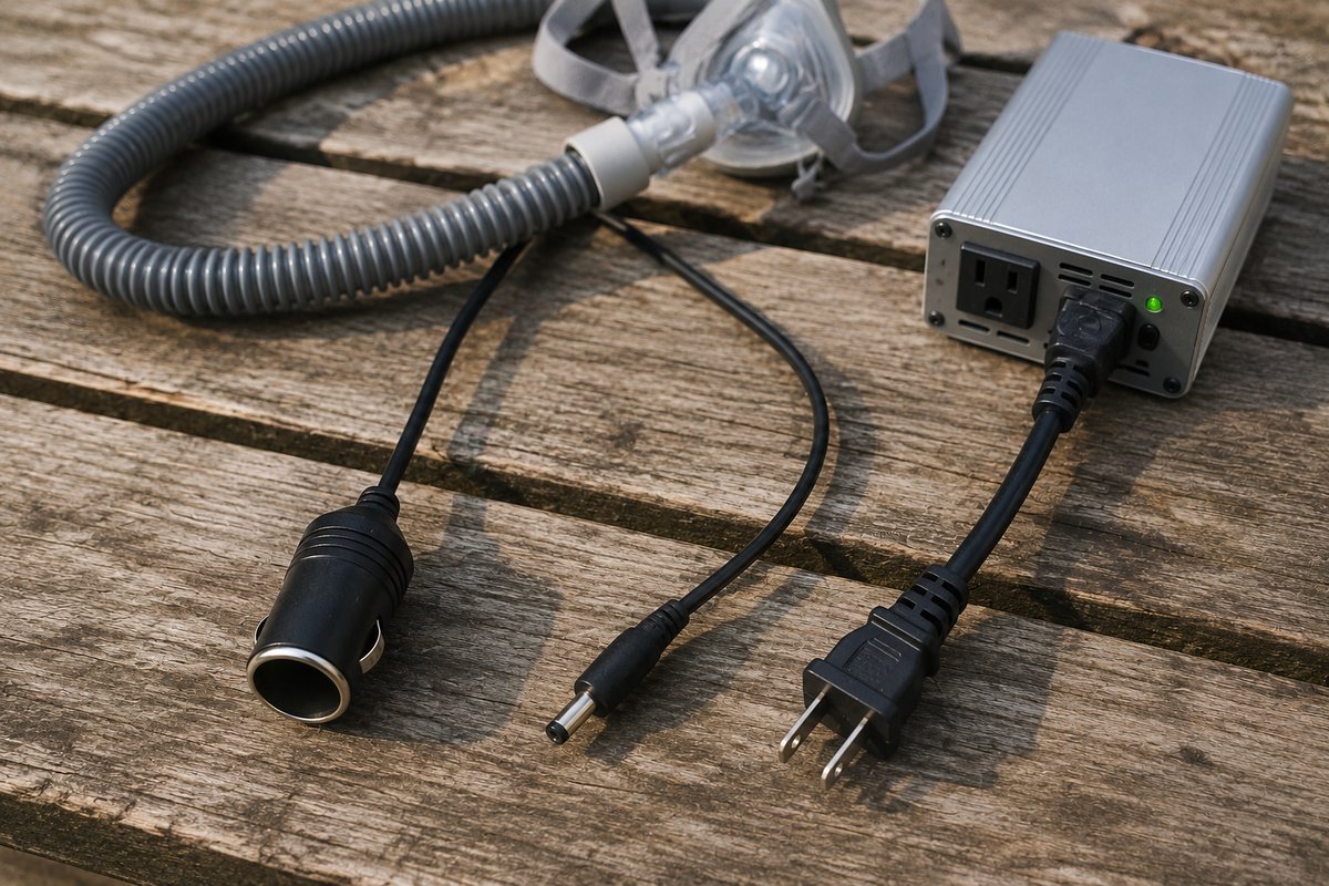 A 12-volt DC cord with a cigarette-lighter socket beside an AC power cord plugged into a small silver inverter, laid on a wooden picnic table with a CPAP hose and mask behind