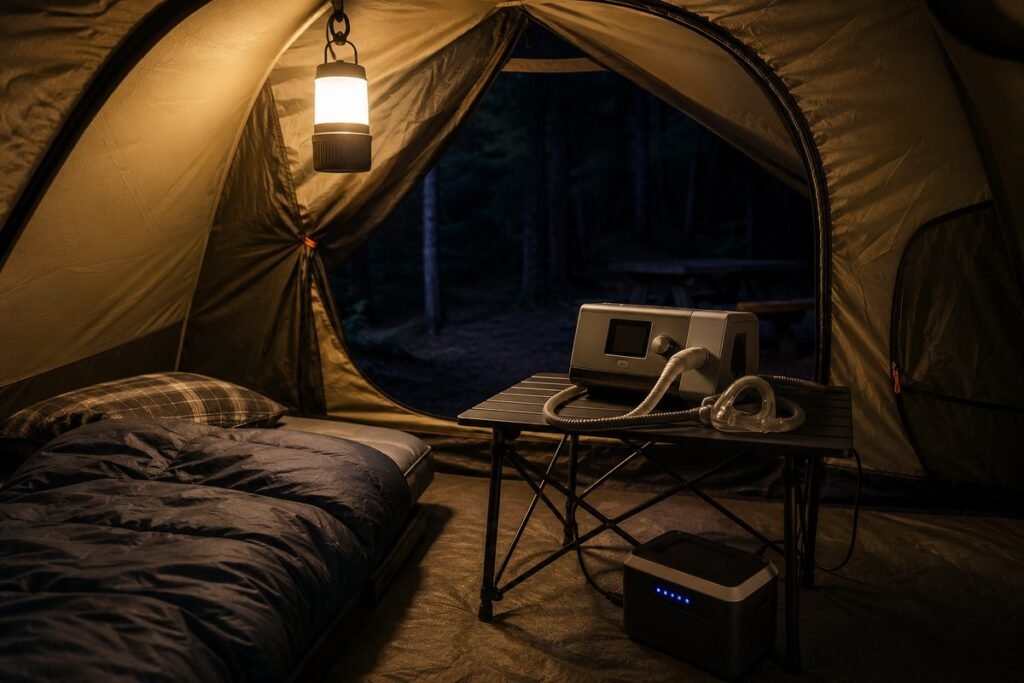 CPAP camping setup on a folding table inside a tent at night, connected by a cord to a portable lithium battery on the tent floor, lit by a hanging LED lantern