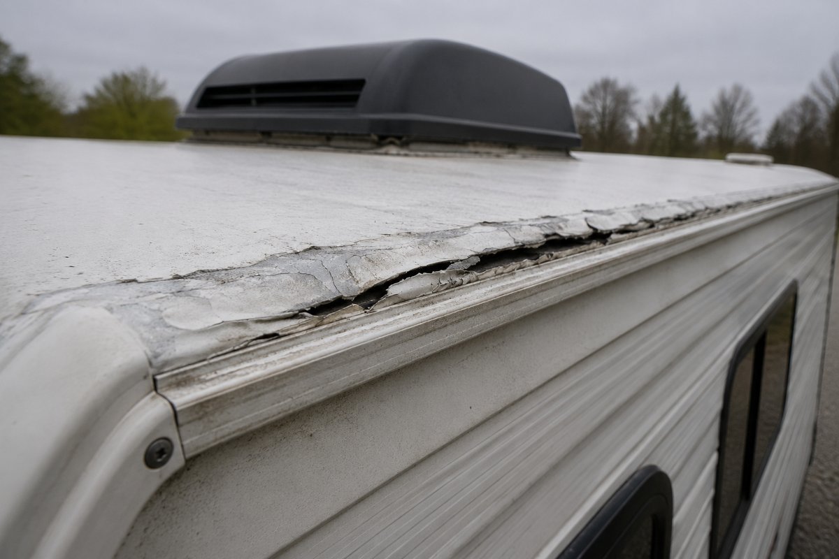 Cracked and lifting sealant along the seam where a travel trailer's roof membrane meets the sidewall, with a roof vent housing behind, on an overcast day
