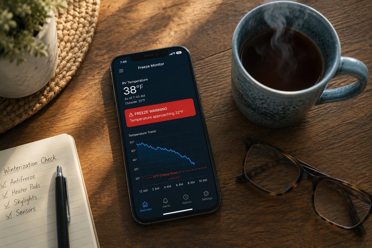 Overhead flat-lay of a smartphone on a wooden table showing a freeze alarm app with a "Freeze Warning" alert and RV temperature trending toward 32°F, next to a steaming coffee mug and reading glasses