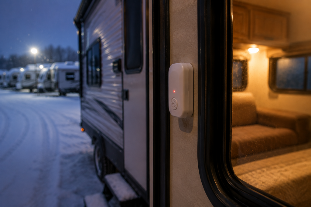 Freeze alarm sensor mounted by the door of a travel trailer in a snowy RV storage lot at night, warm interior lighting visible