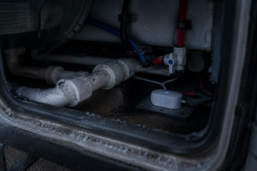 Small white freeze alarm sensor mounted near frosted PVC and PEX plumbing in an RV's underbelly storage compartment, its LED lit