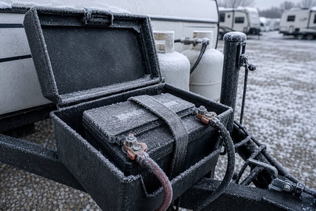 Frost covered battery in an open battery box on a travel trailer tongue in a snowy storage lot, the kind of cold that freeze alarms for winterized RVs are meant to catch