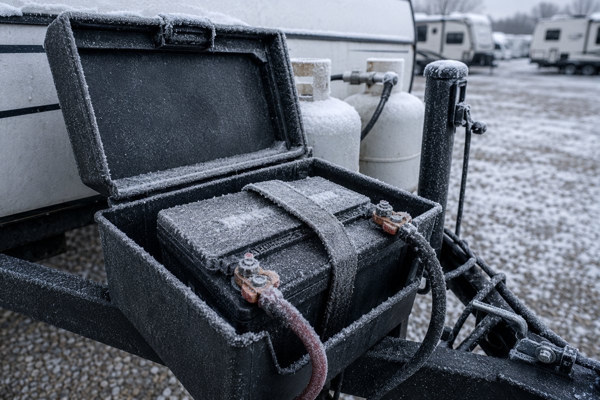Frost covered battery in an open battery box on a travel trailer tongue in a snowy storage lot, the kind of cold that freeze alarms for winterized RVs are meant to catch