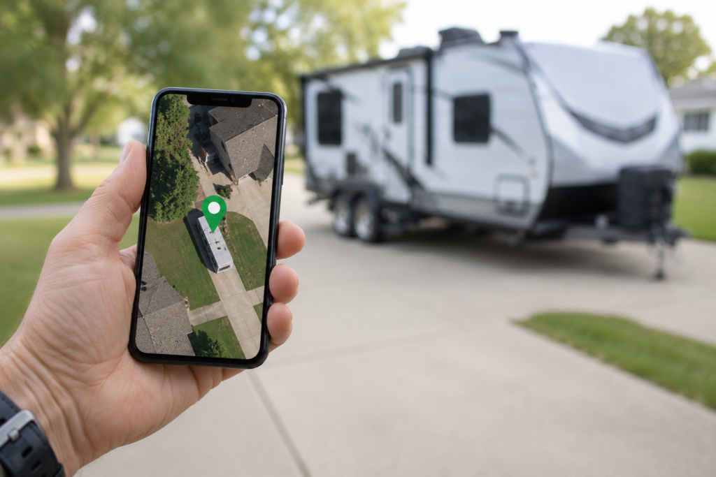 Person checking a GPS tracker app on their phone showing a live location pin over their travel trailer parked in the driveway