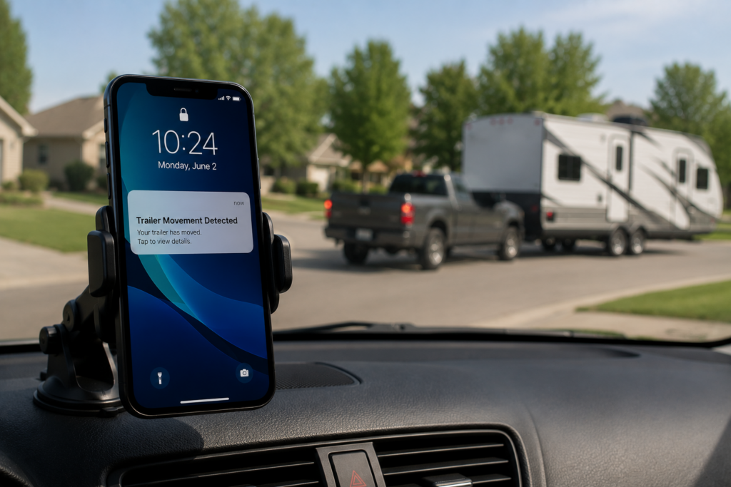 Smartphone on a dashboard mount showing a trailer movement detected alert, with a travel trailer being towed away by a truck in the background