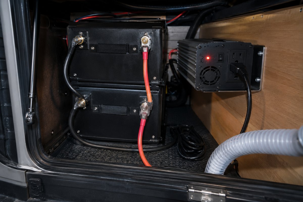 Close-up of a stacked RV battery bank wired with orange cabling to a power inverter mounted in a storage compartment, red indicator light on, a CPAP hose visible running out of the compartment.