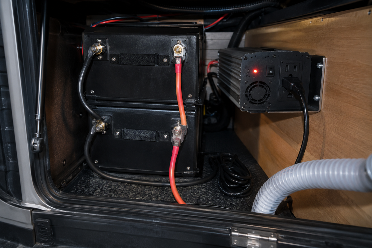 Close-up of a stacked RV battery bank wired with orange cabling to a power inverter mounted in a storage compartment, red indicator light on, a CPAP hose visible running out of the compartment.