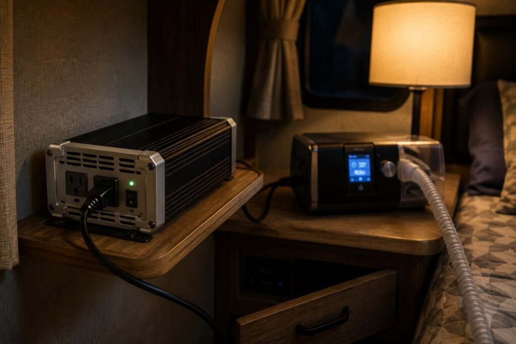 Power inverter for CPAP use, a small pure sine wave unit with a green status light on a wooden shelf in an RV bedroom at night, its cord running to a CPAP machine on the nightstand