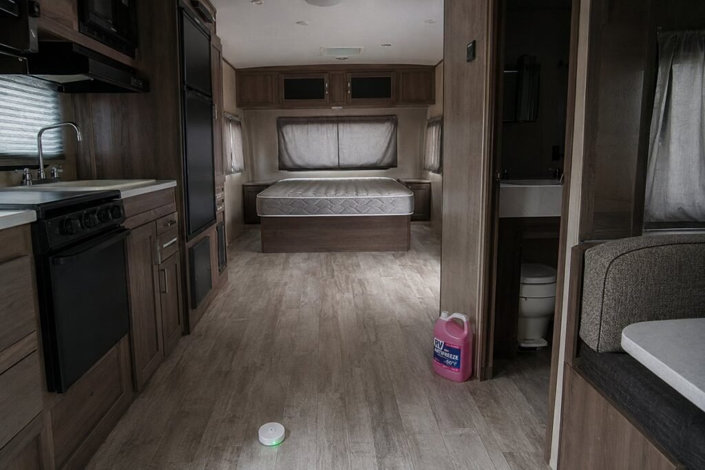 RV water leak detector on the floor of a winterized travel trailer in storage, with a bare mattress, drawn curtains and a jug of antifreeze