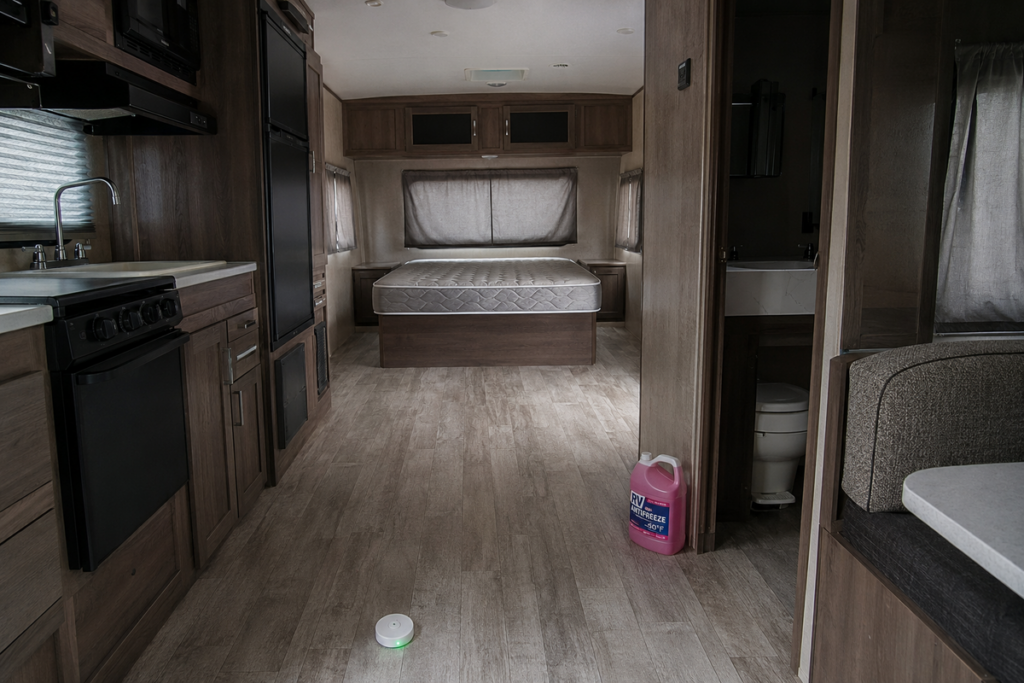 Water leak detector on the floor of a winterized travel trailer in storage, with a bare mattress, drawn curtains and a jug of RV antifreeze
