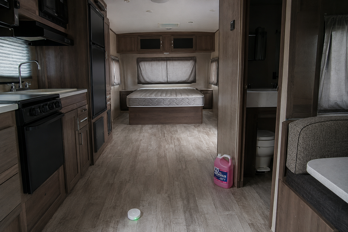 Water leak detector on the floor of a winterized travel trailer in storage, with a bare mattress, drawn curtains and a jug of RV antifreeze
