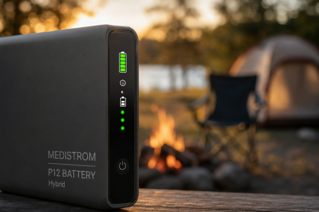 Medistrom P12 Hybrid CPAP battery pack on a table by a campfire