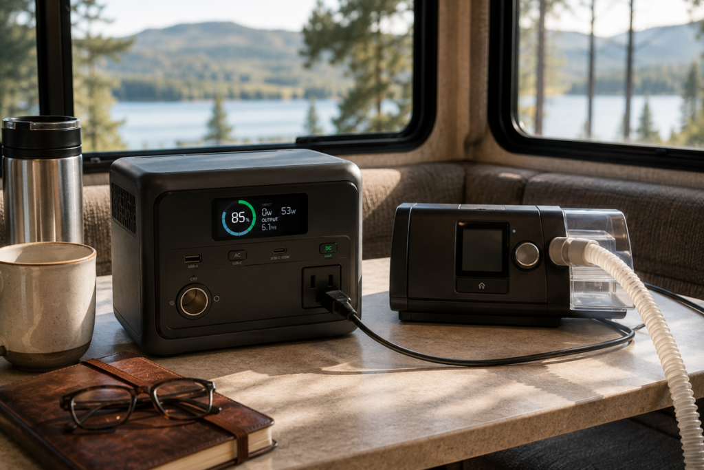 Portable power station on an RV dinette table connected to a CPAP machine by a power cord, sunny lake and mountain view through the windows