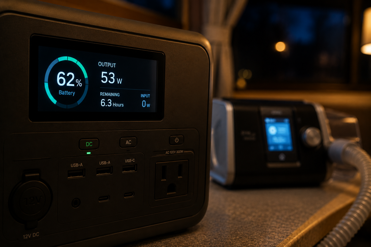 Close-up of a portable power station display at night showing 62% battery, 53W output, and 6.3 hours remaining, with a CPAP machine visible in the softly lit background