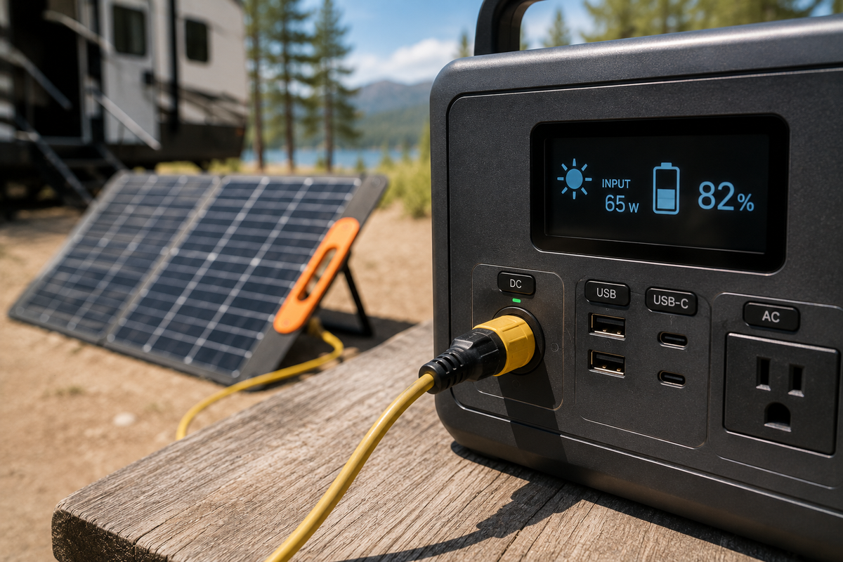 Close-up of a portable power station on an RV picnic table with its display showing 65W solar input and 82% battery, a yellow cable running to a foldable solar panel in the background near a parked travel trailer and mountain lake.