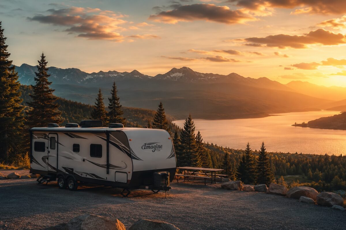 Travel trailer parked at a scenic overlook at sunset with mountains and a lake in the background
