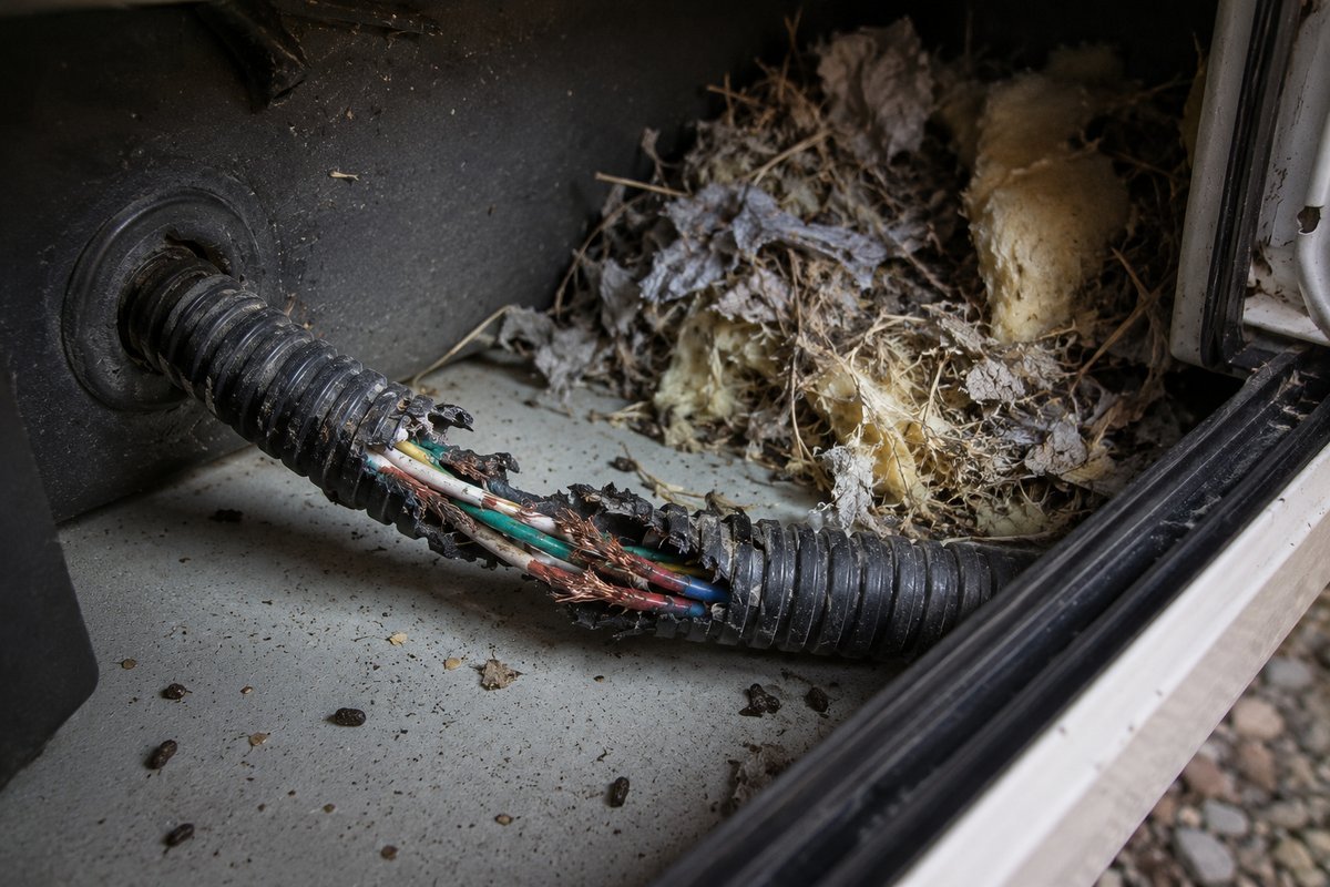 Rodent damage inside an RV storage compartment: a wiring loom chewed open with bare copper strands exposed, and a nest of shredded insulation and dry grass packed into the corner