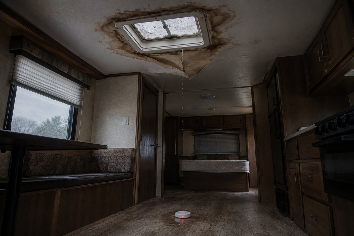 Water stain spreading across a travel trailer's ceiling around a leaking roof vent, dripping onto a water leak detector on the floor below with its alarm light lit