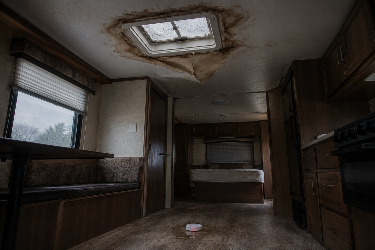 Water stain spreading across a travel trailer's ceiling around a leaking roof vent, dripping onto a water leak detector on the floor below with its alarm light lit
