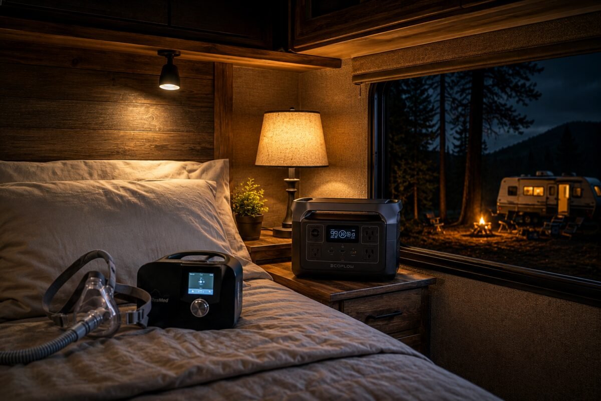 CPAP machine plugged into a portable power station on an RV bedroom nightstand for overnight off-grid power