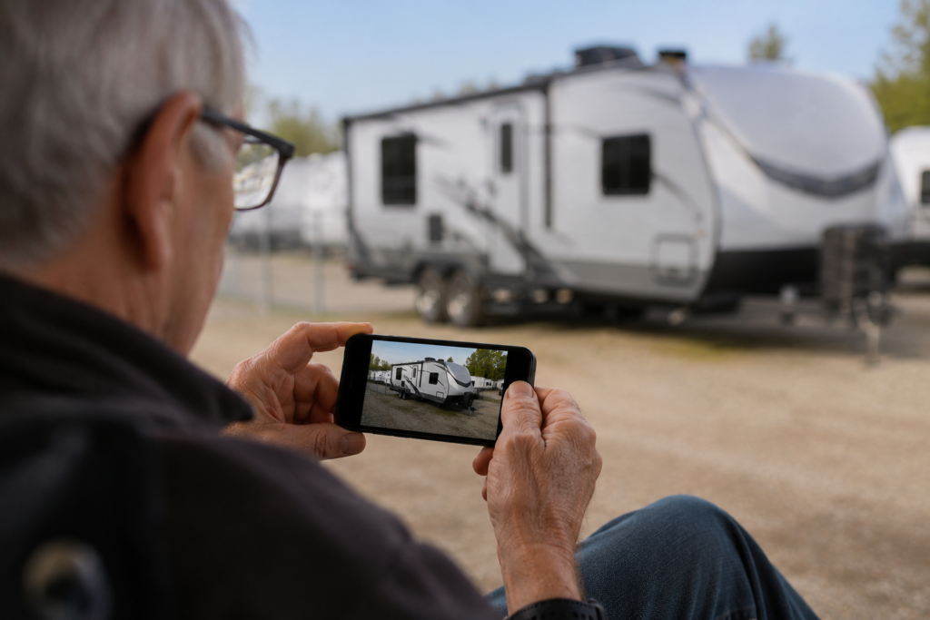 RV owner checking a security camera app on his phone showing a live feed of his parked travel trailer in a storage lot