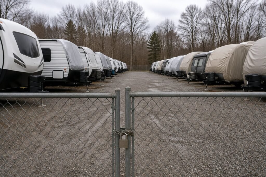 Rows of travel trailers parked on gravel in a fenced RV winter storage lot on an overcast day, several under fitted covers, with a padlocked gate closed in the foreground
