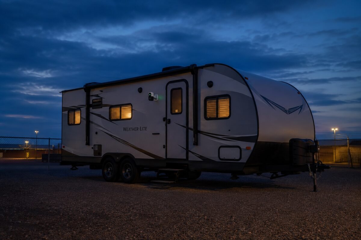 Travel trailer parked at dusk in a storage lot with a security camera mounted on the exterior for remote monitoring