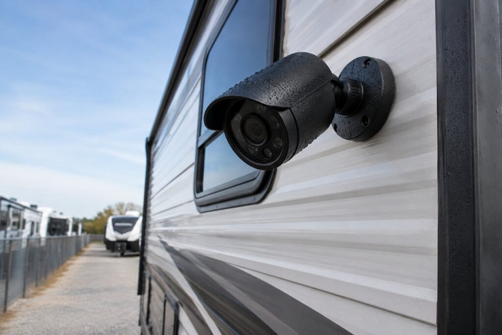 RV security camera mounted on the exterior siding of an unattended trailer, aimed toward the storage lot