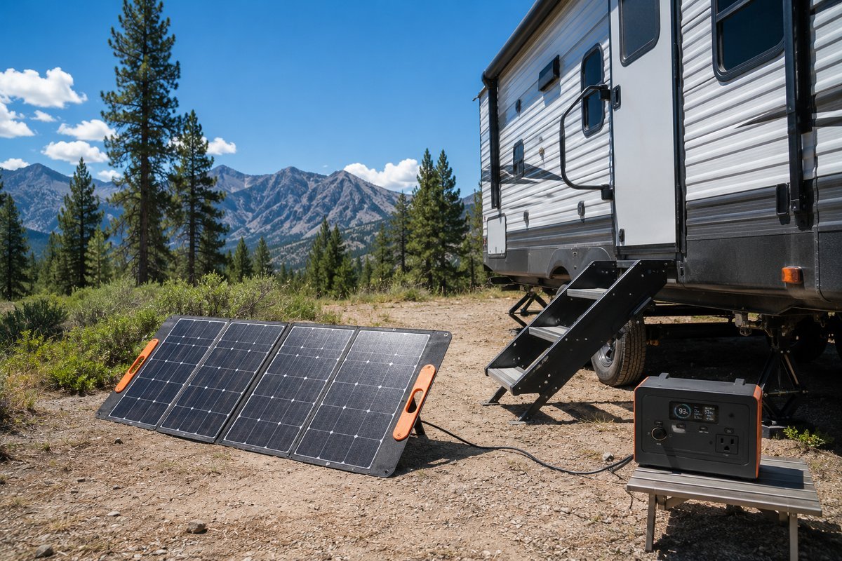 Foldable solar panel set up on the ground at an RV boondocking campsite, its cable running to a portable power station on a picnic table, the usual way of recharging a solar powered CPAP battery