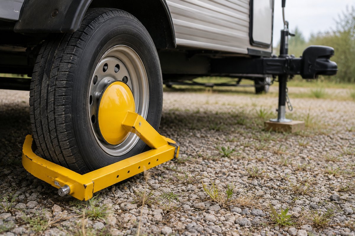 A yellow steel wheel lock clamped over the tire and wheel of a parked travel trailer on gravel, with the trailer's coupler and hitch jack visible behind