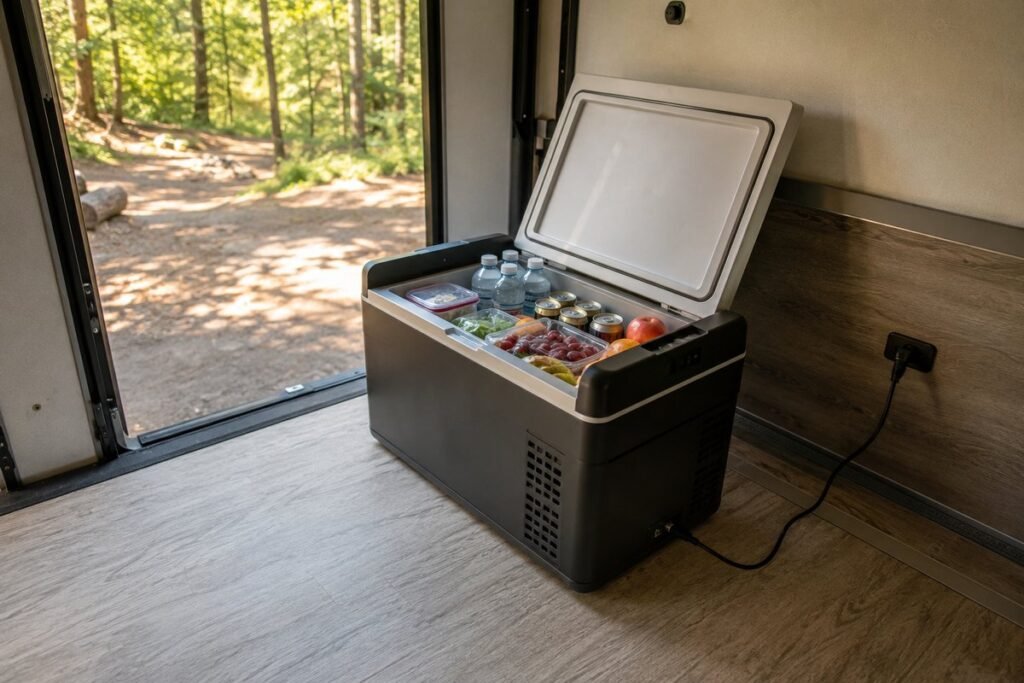 12v fridge open in a travel trailer doorway at a campsite