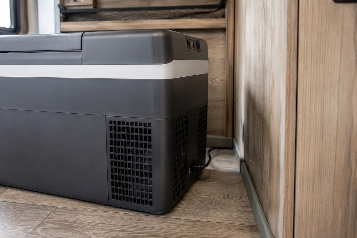 Side view of a portable 12V fridge in a travel trailer showing its ventilation grille unobstructed, with an air gap between the grille end of the fridge and the cabinet wall beside it.