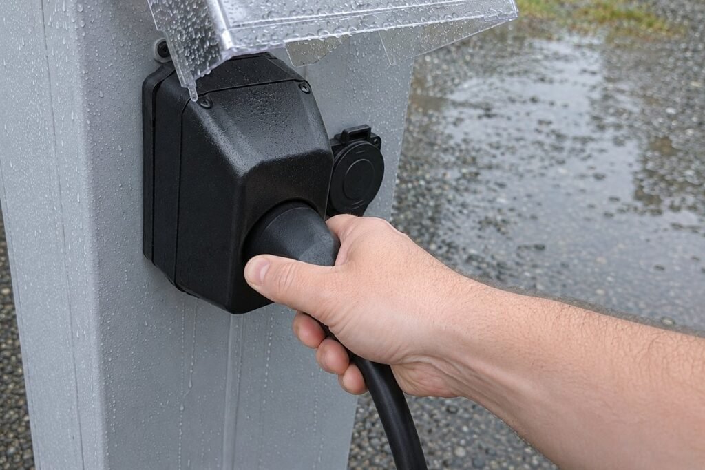 30 amp RV surge protector on a campground pedestal with the shore cord plugged into it
