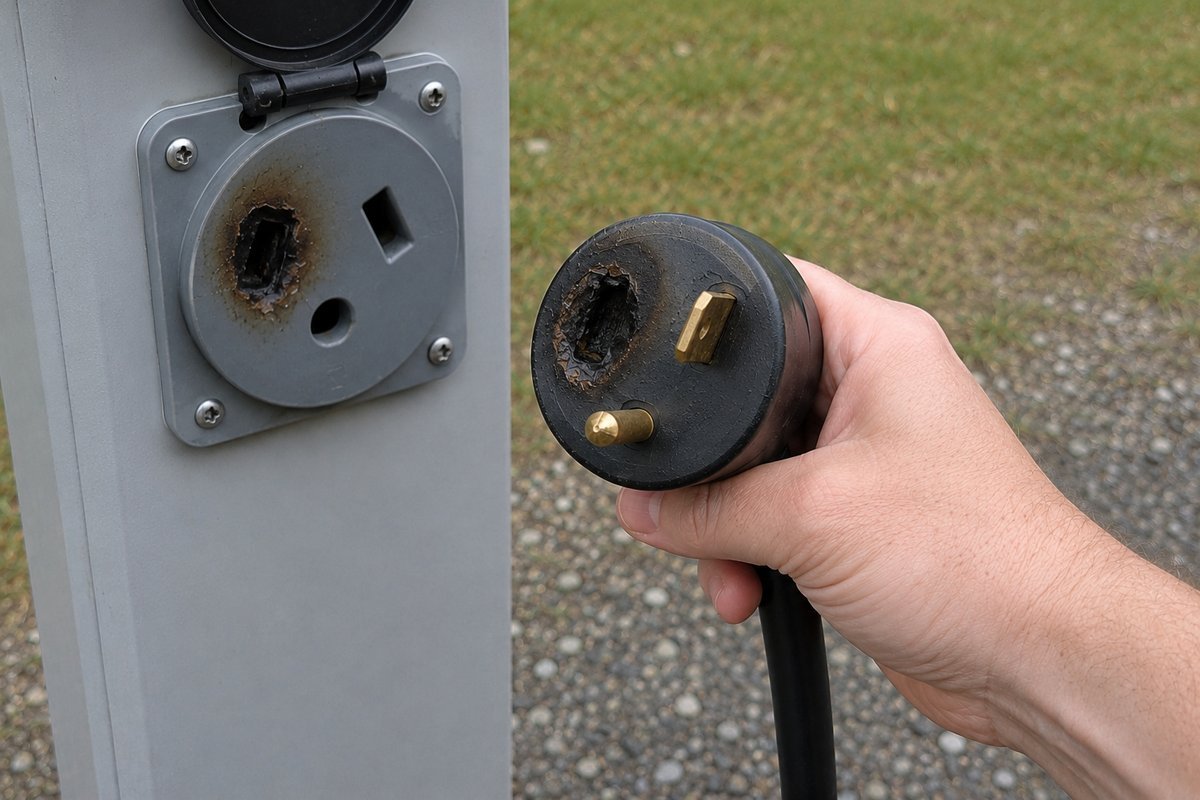 Burnt 30 amp RV plug with one blade destroyed beside the scorched pedestal socket
