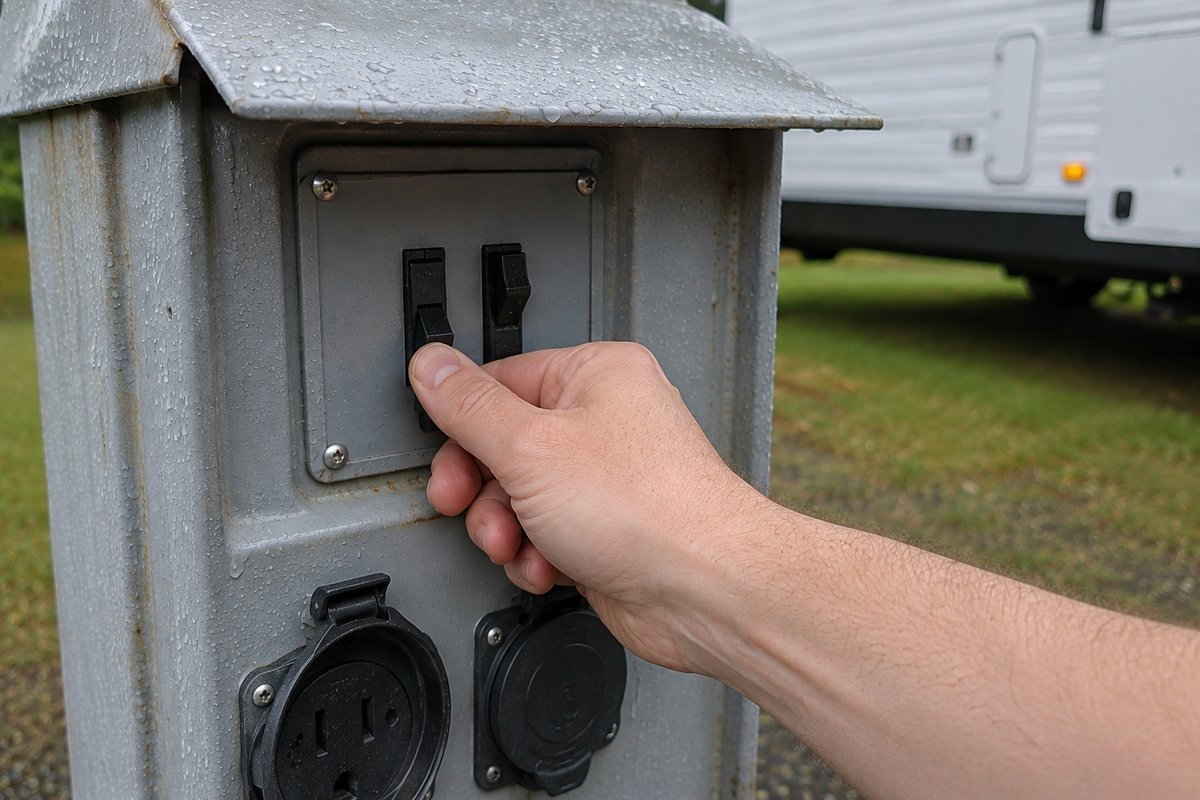Hand switching off the breaker on a campground pedestal before connecting a 30 amp RV surge protector