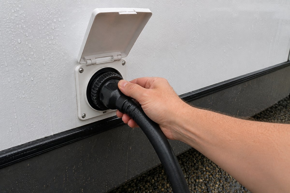 50 amp shore power cord locked into the trailer inlet behind its open access door