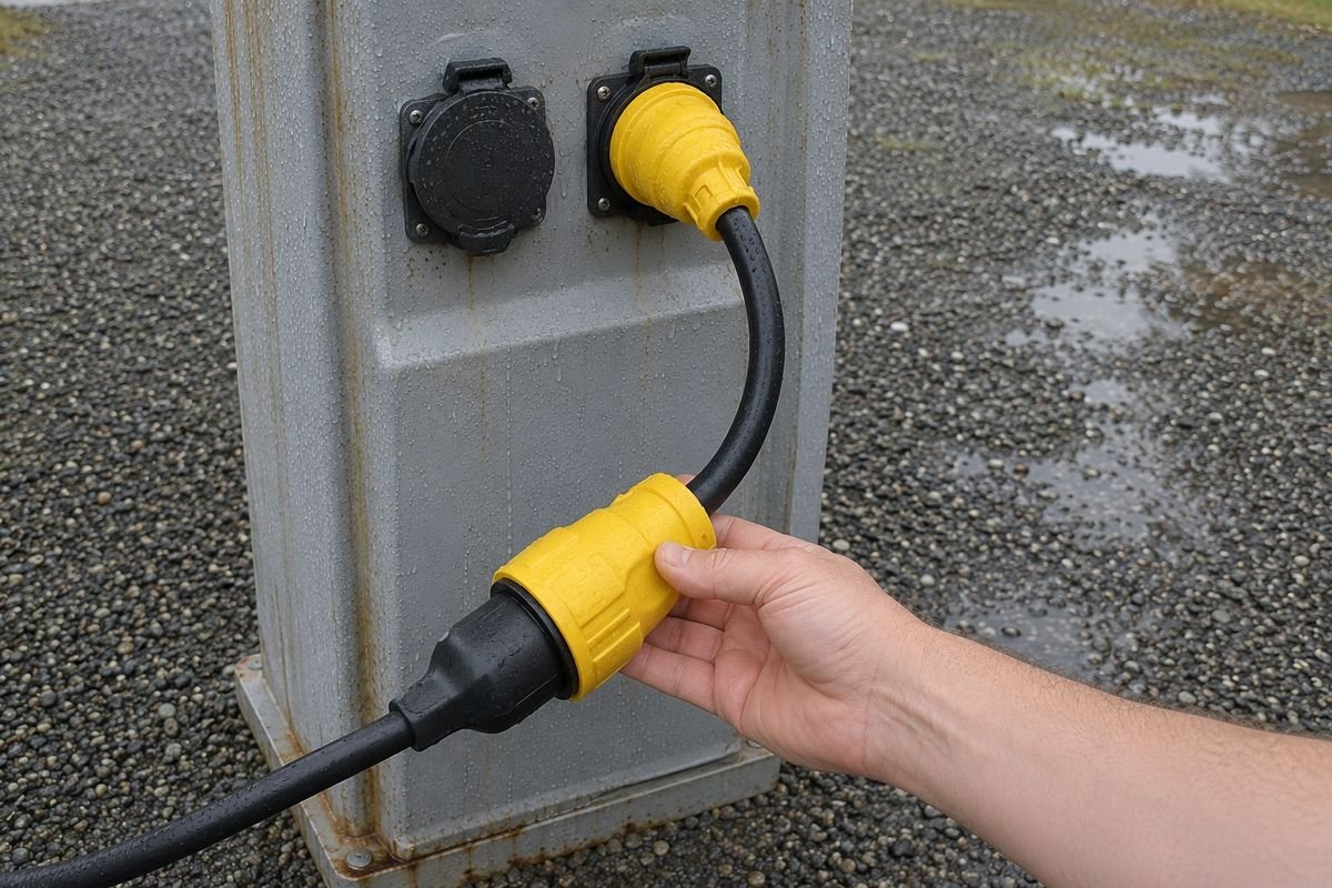 Dogbone adapter connecting a 50 amp RV shore cord to a 30 amp campground pedestal socket