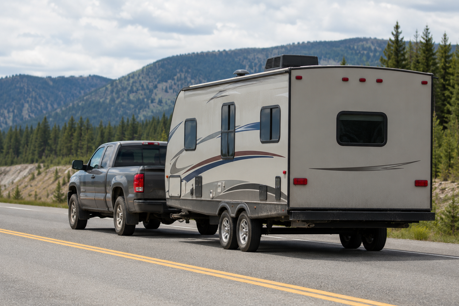 RV towing guide: pickup truck towing a travel trailer on a two-lane highway