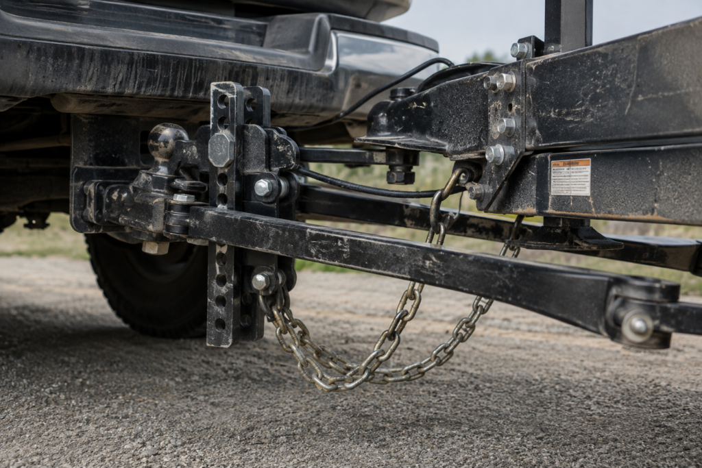 Weight distribution hitch spring bars engaged under load for towing a travel trailer