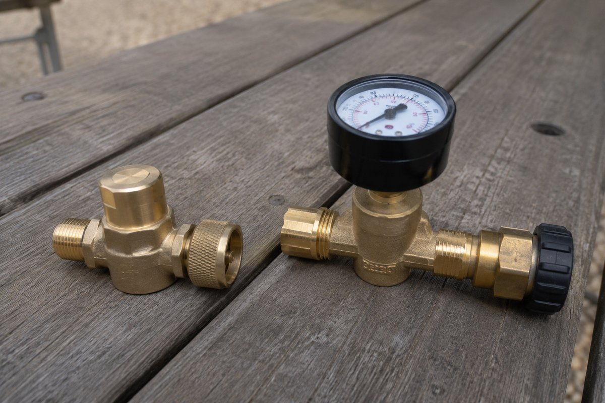 A plain brass water pressure regulator lying on a picnic table beside a larger adjustable one with a black knob and a side-mounted gauge