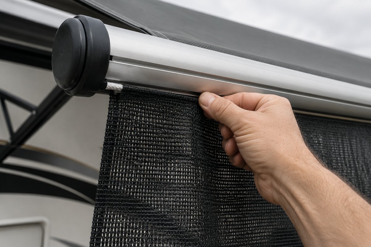 Feeding the poly cord of an RV awning shade into the empty groove on the awning roller tube