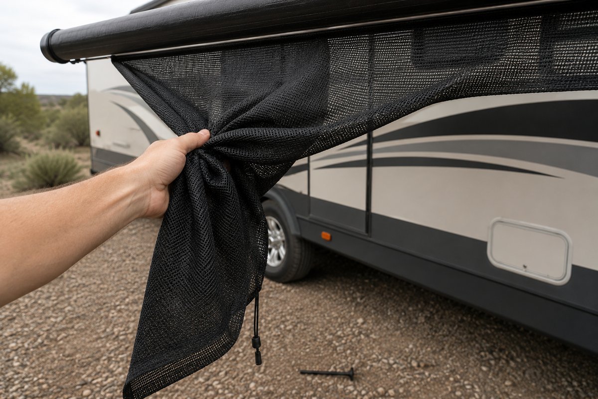 Taking an RV awning shade down before retracting the awning, with the bungee unhooked and the stake pulled