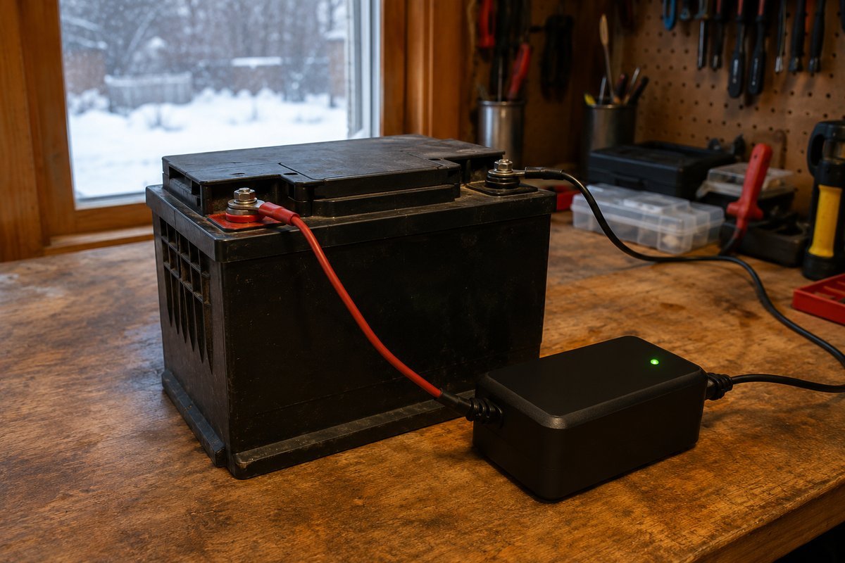 RV battery maintainer connected to the terminals of a 12 volt battery on a garage workbench, its green charging light lit and snow visible through the window