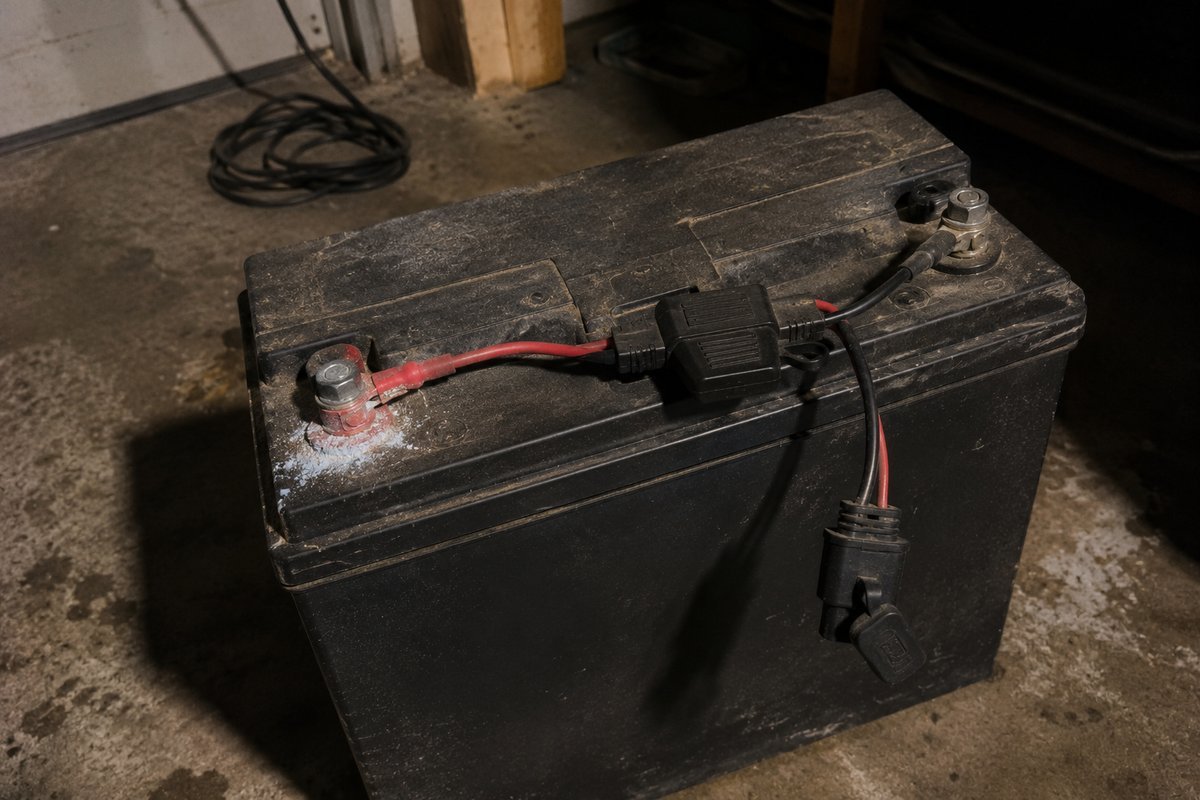 Ring terminal harness bolted to the posts of a stored battery, with an inline fuse and a capped two-pin connector hanging over the side